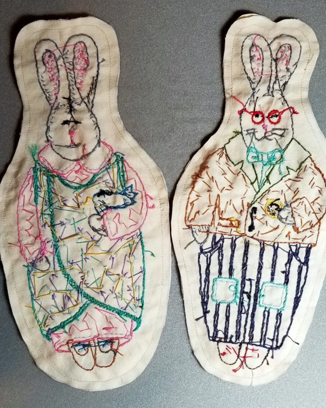 Ruth and Chester all sewn up before turning and stuffing embroidered forest friends