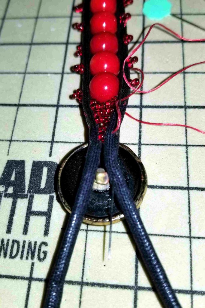 Sewn Gemstone Bracelets place button shank and travel thread