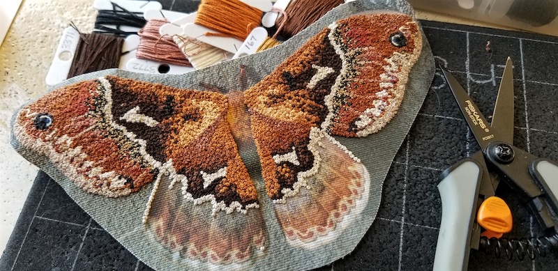 Promethea Silk Moth embroidery in progress