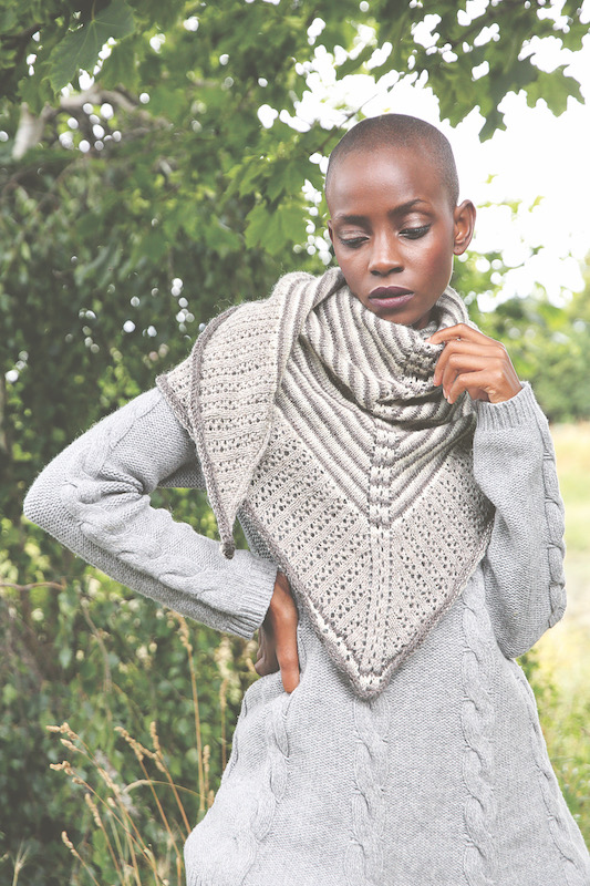 Grey and white knitted shawl