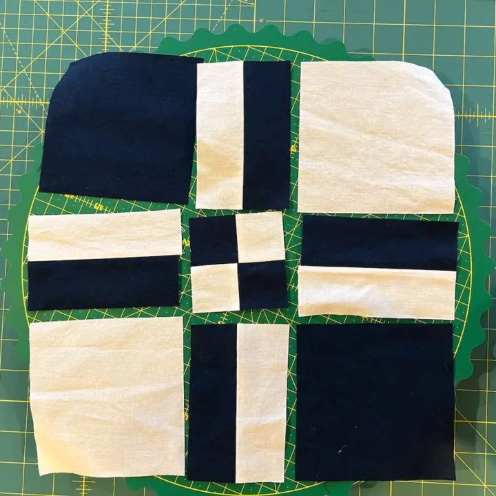 Disappearing four patch cut and ready to be sewn together