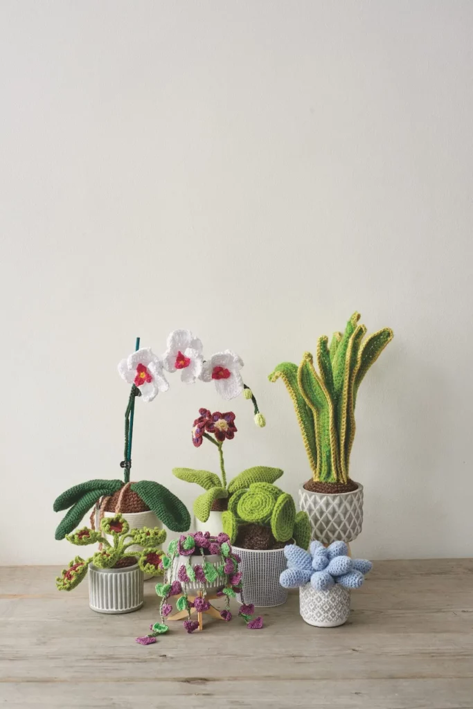 Set of seven crocheted houseplants including an orchid