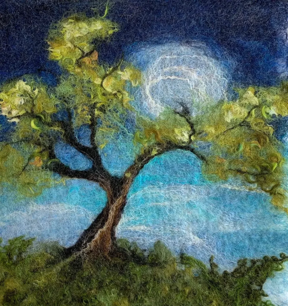 Felted tree with moon in background by Liz Riley