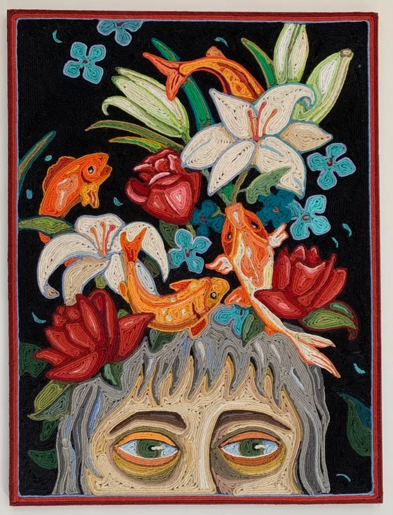 Woman with flowers and fish in her hair huichol yarn painting by Bridget Daly