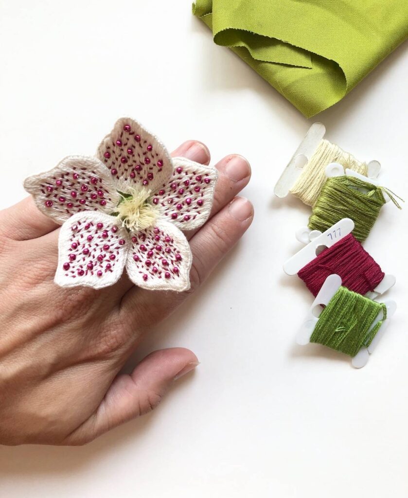 Finished stumpwork flower ring by Melissa Galbreath
