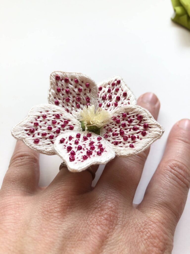 Finished stumpwork flower by Melissa Galbreath