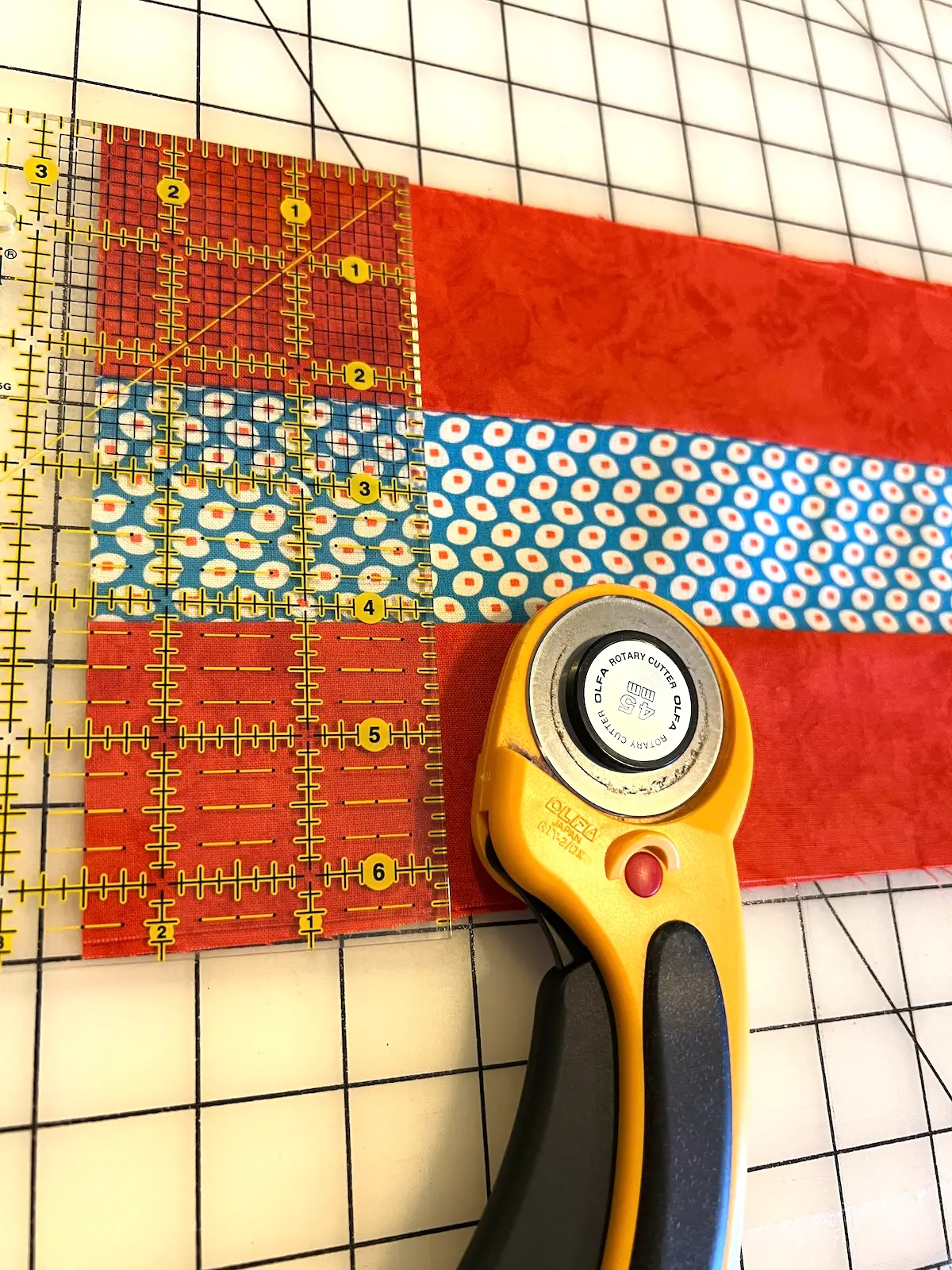 Cutting the strip set for the 7 weave patch quilt