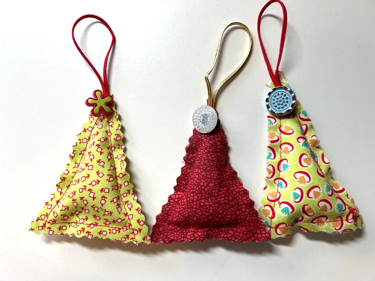 Set of three red and green scrappy Christmas ornaments