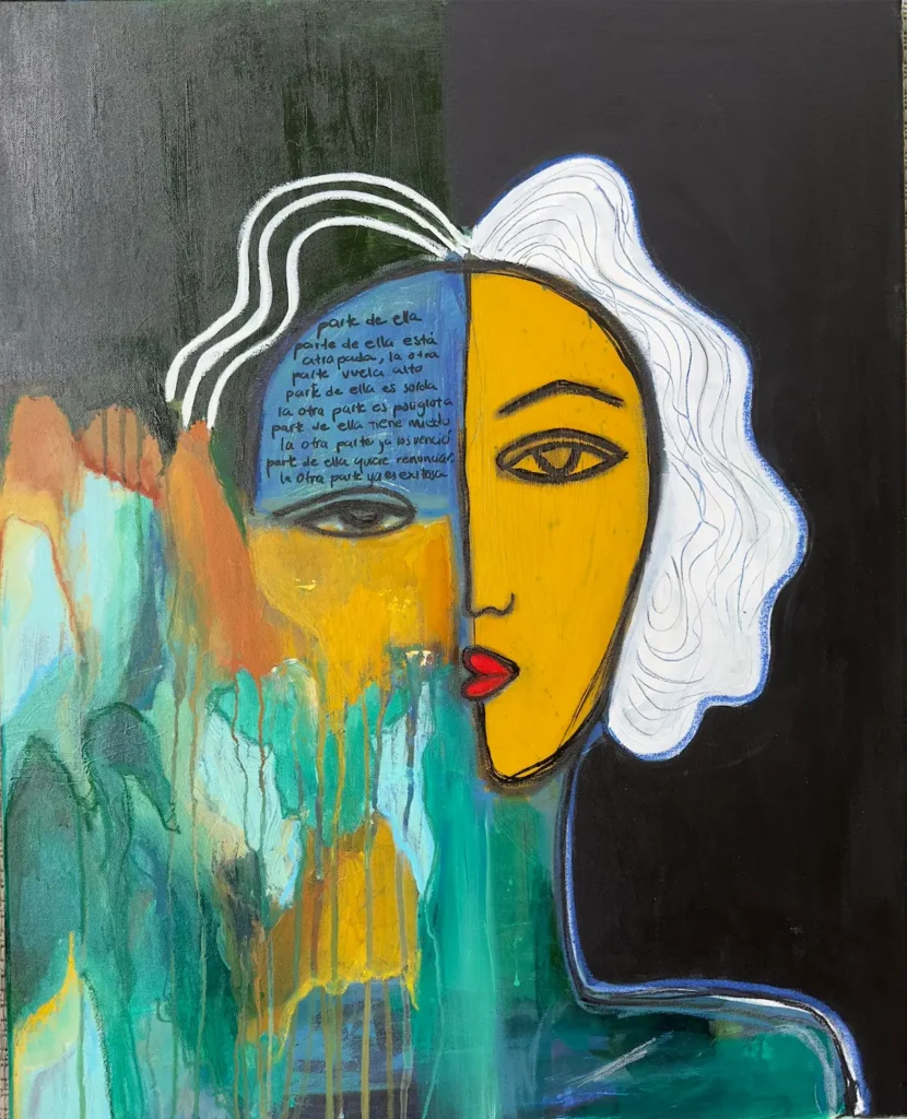 Face with writing painting by Shira Coward Kelly