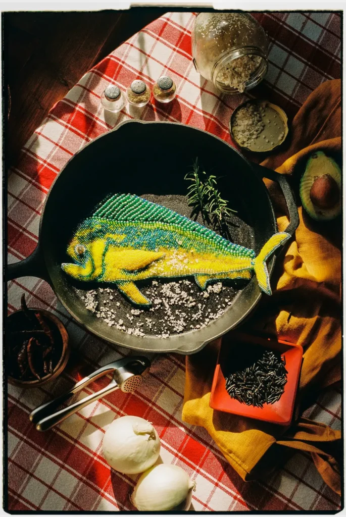 La Pesca del Dia beaded fiber art by Isa Guadalupe Medina