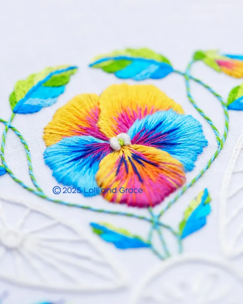 Pansy embroidery by Anne Oliver