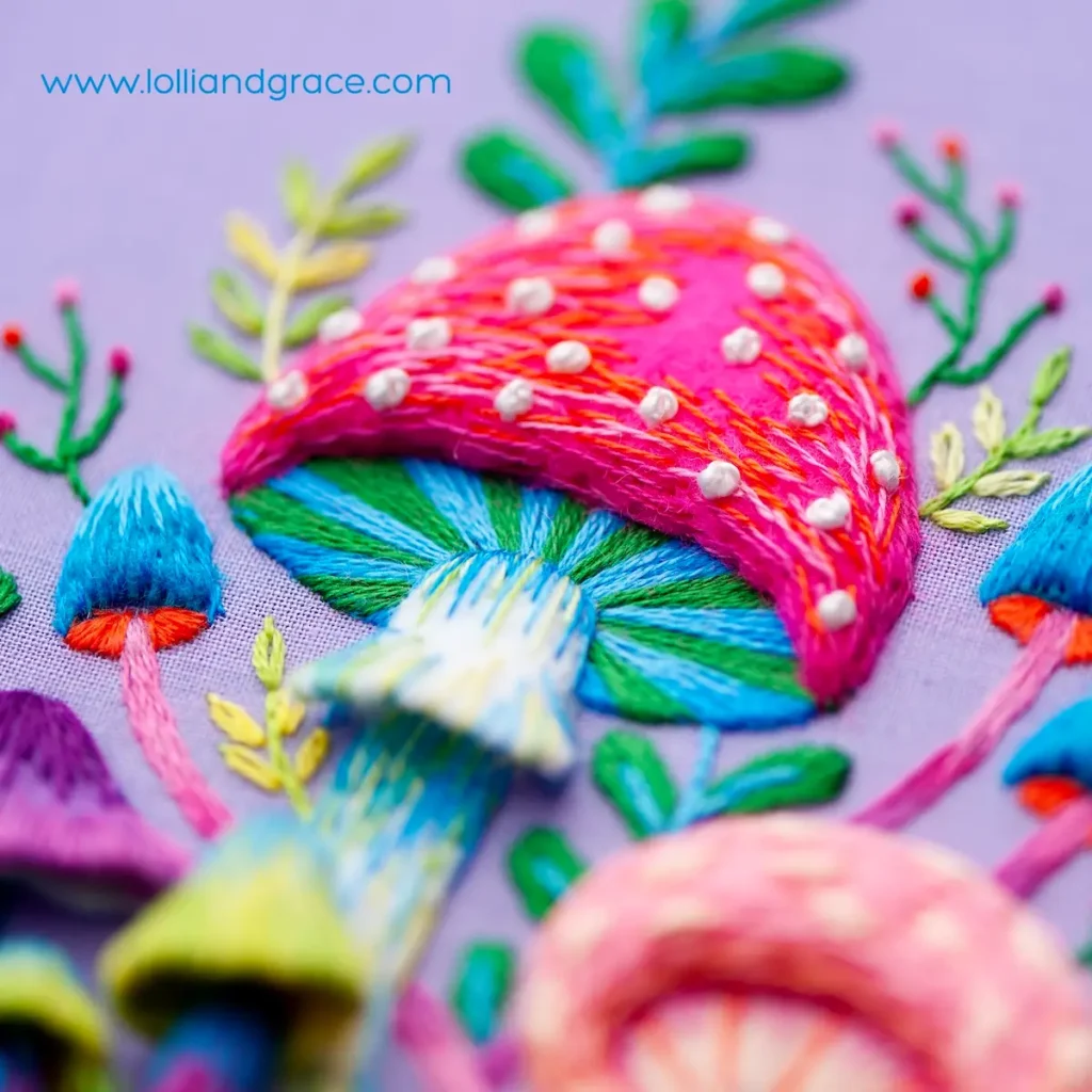 Another detail of the toadstool terrarium stitched by Anne Oliver