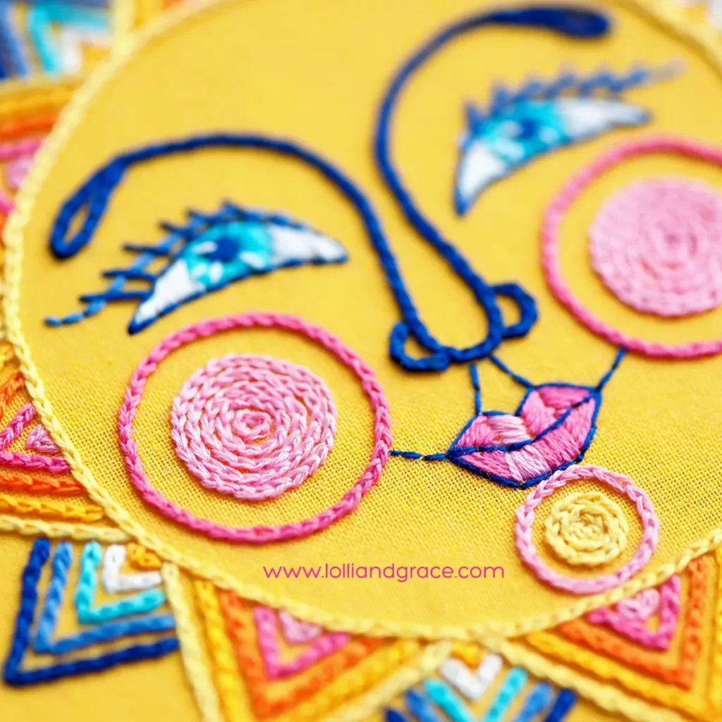 Sunface lady embroidery by Anne Oliver