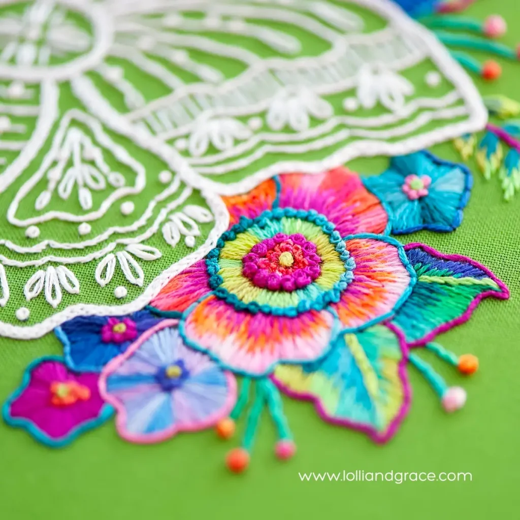 Close up of flower stitched by Anne Oliver