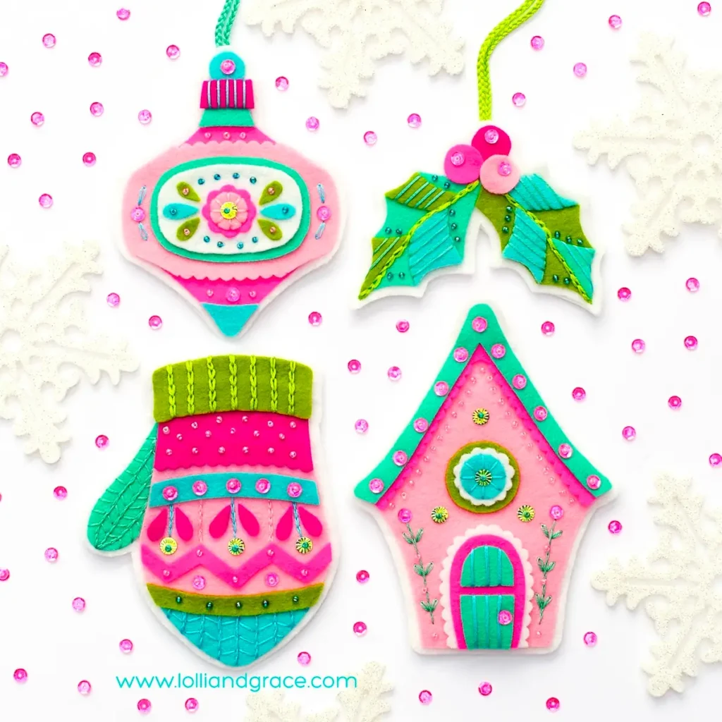 Cheerful felt embroidered ornaments by Anne Oliver