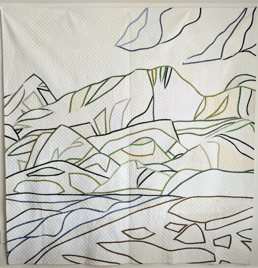 Line drawing quilt with mountains and river by Ashelyn Downs