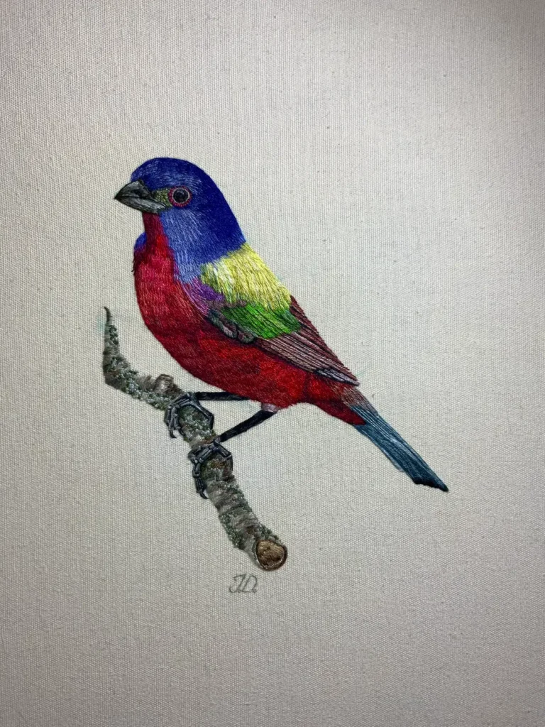 Red, blue and yellow bird embroidery by Jessica Devin