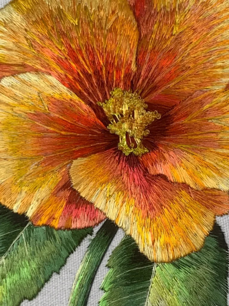 Close up of a flower embroidery by Jessica Devin