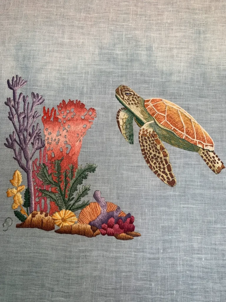 Turtle under the water embroidery by Jessica Devin