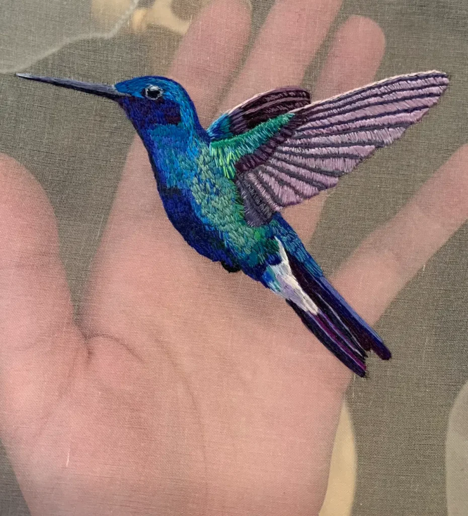 Hummingbird embroidery by Jessica Devin