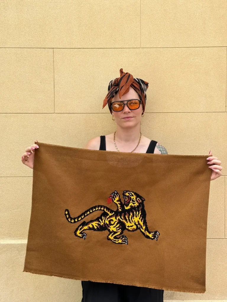 Maddie Jones and a crossstitch tiger