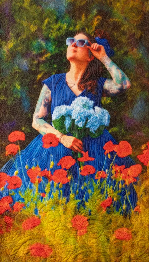 Amy in the Red Poppies fiber art by Tasha Owen