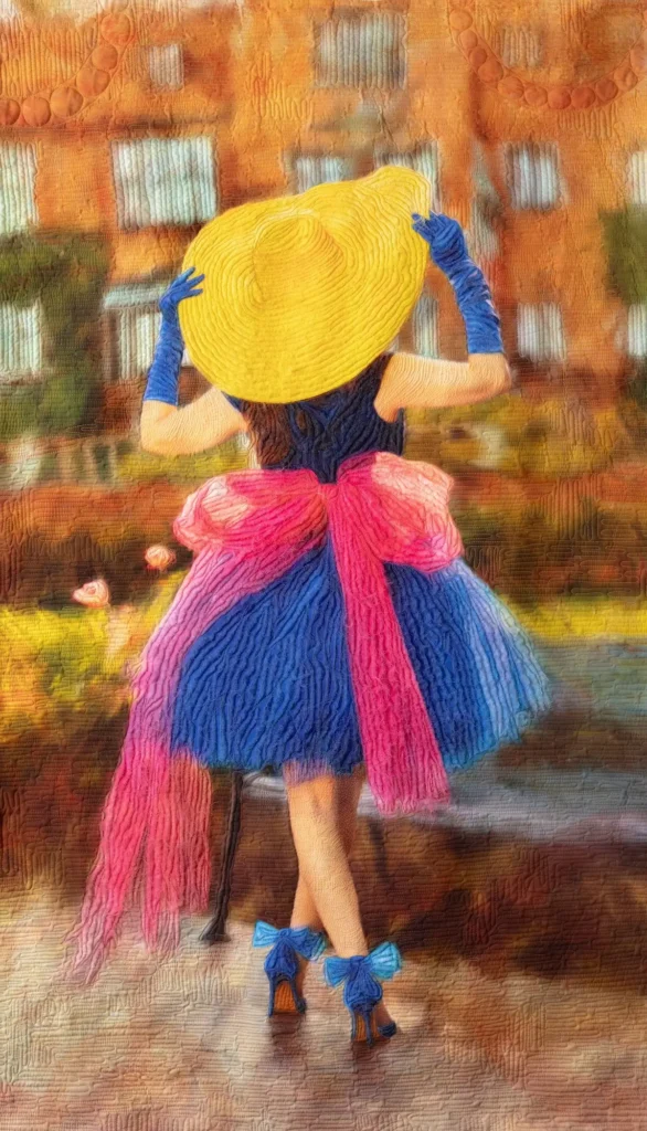 Ann in the Yellow Hat fiber art by Tasha Owen