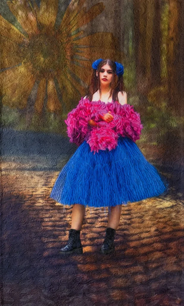 Stella Grace with the Pink Boa fiber art by Tasha Owen