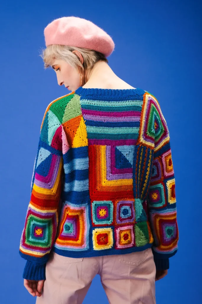 Multicolor crocheted sweater by Cassie Ward