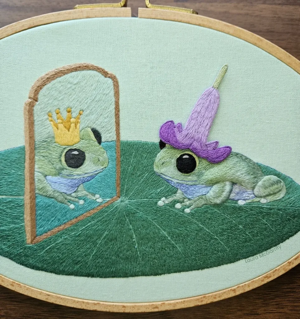 Frog Prince embroidery by Laura McGarrity