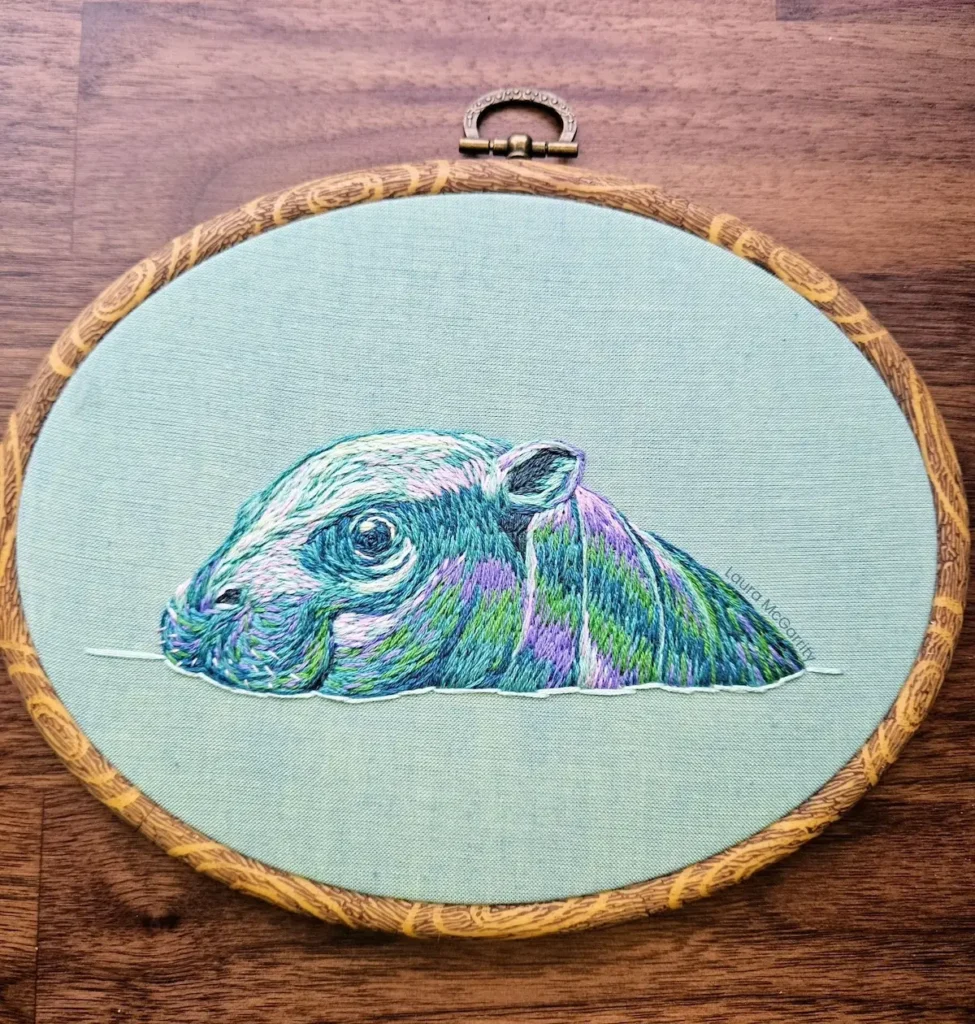 Hippo embroidery by Laura McGarrity