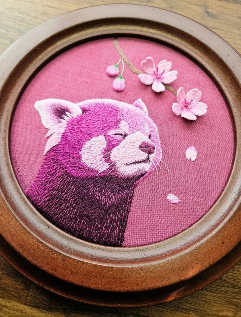 Red Panda Blossoms embroidery by Laura McGarrity