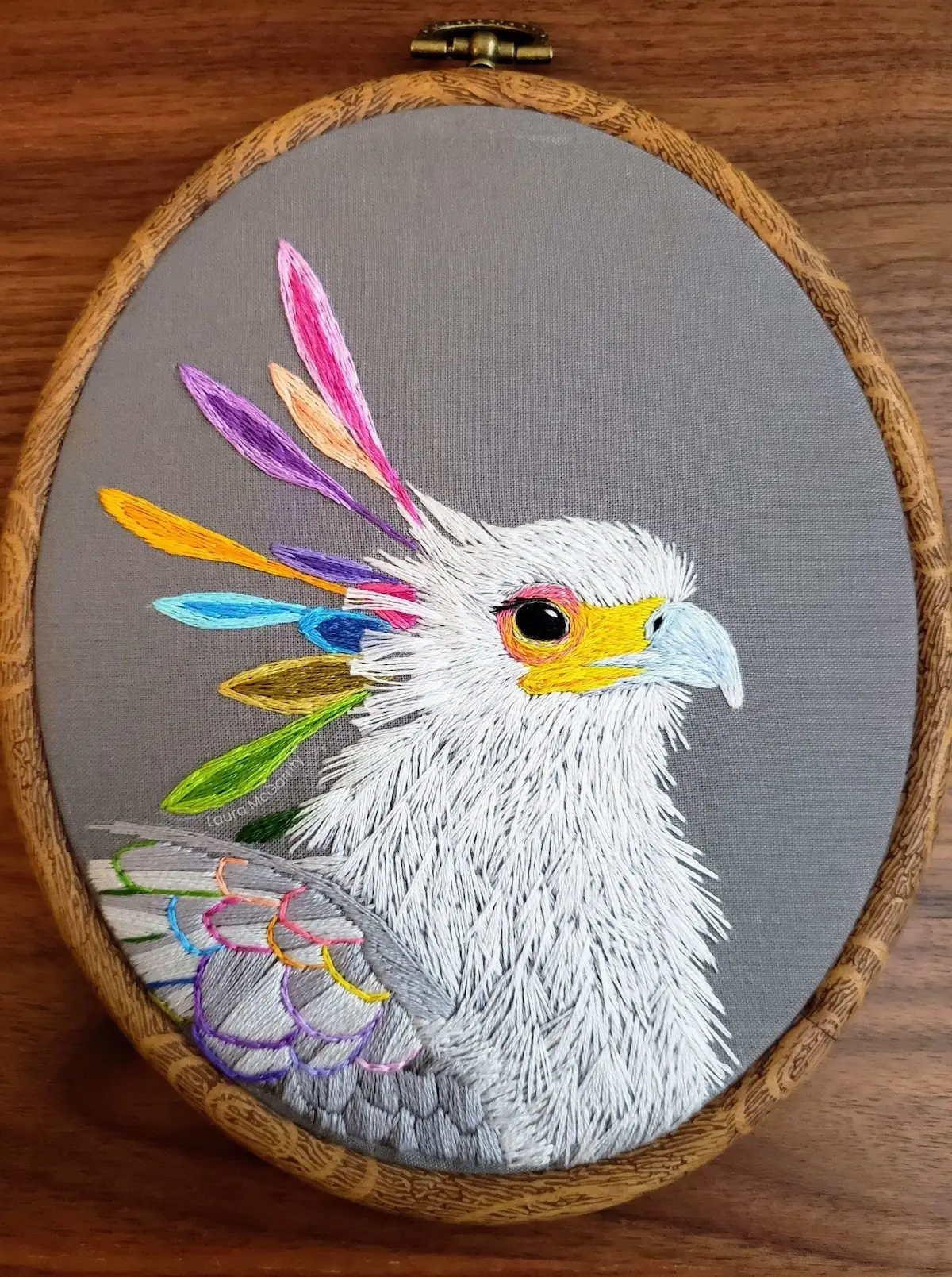 Secretary Bird embroidery by Laura McGarrity