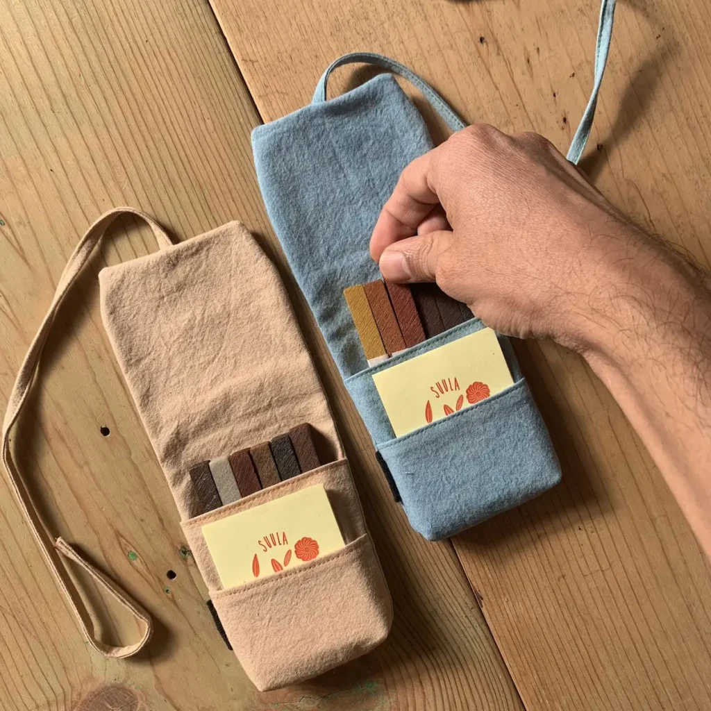 Small hand dyed pouches with naturally made pastels by Mildred & Sama of Suula