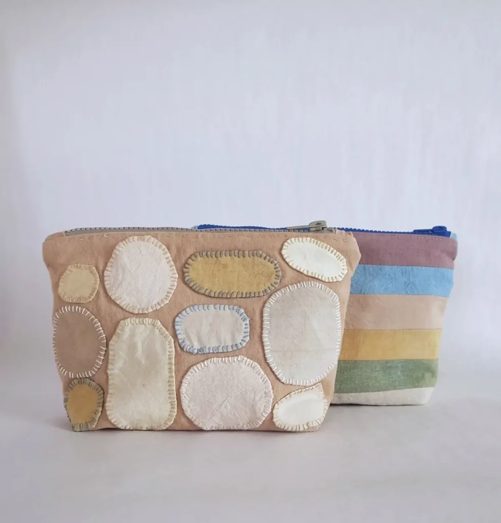 Small zip bags made with fabric naturally dyed by Mildred & Sama of Suula