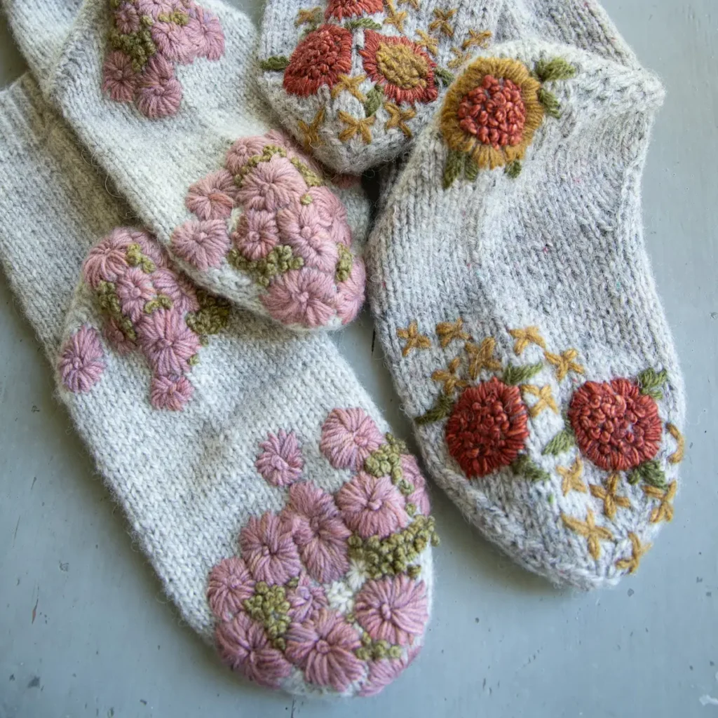 Flower mended socks by Minttu Wikberg