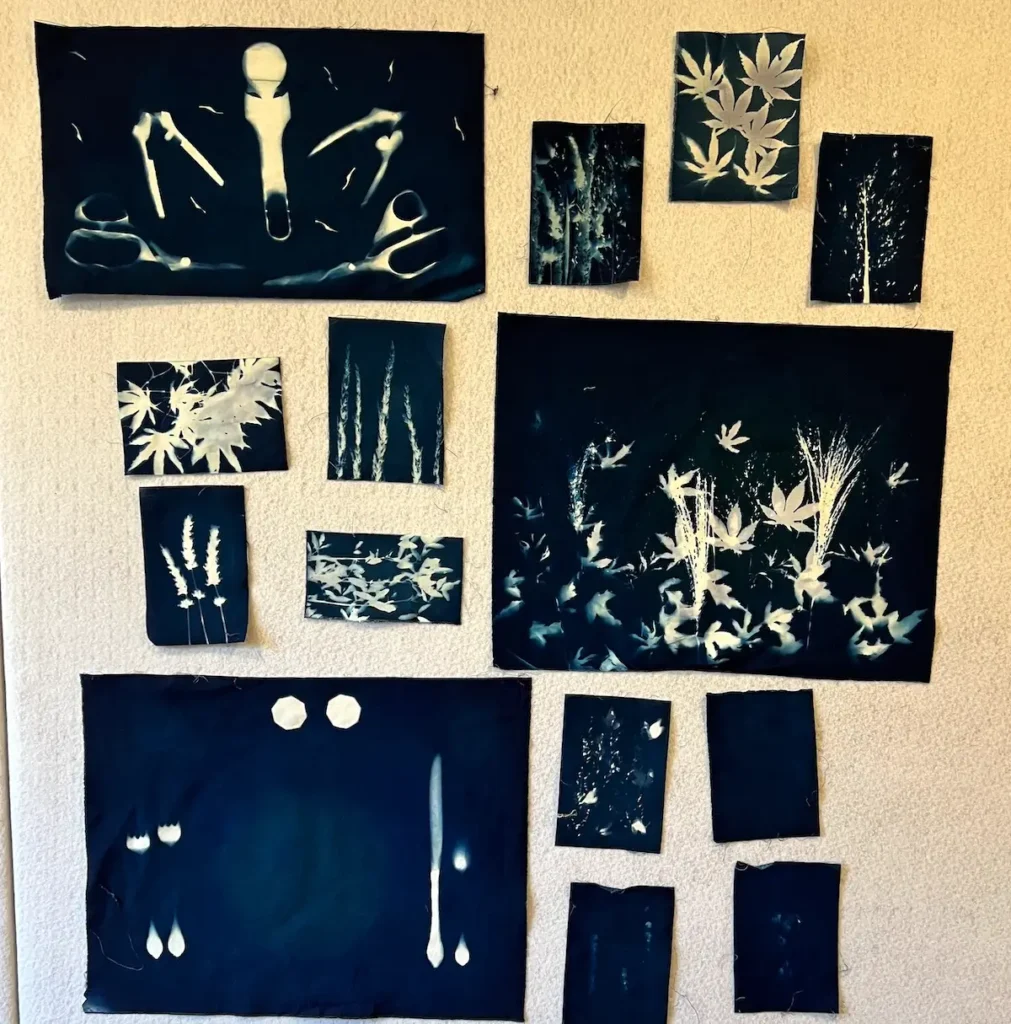 Wall full of samples of cyanotype printed fabrics