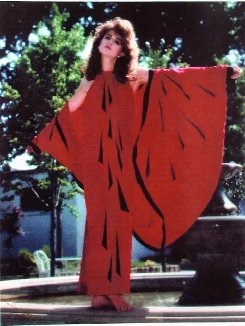 Screen printed silk dupioni evening dress and drape by Gunnel Hag