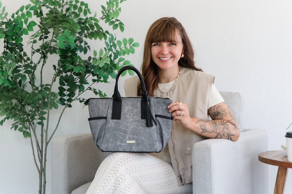 Jessica Barrera and a handbag she made that is in her Making Bags book