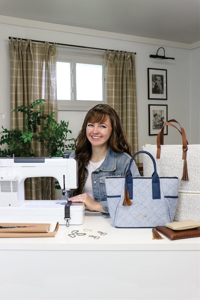 Jessica Barrera at her sewing machine with two bags