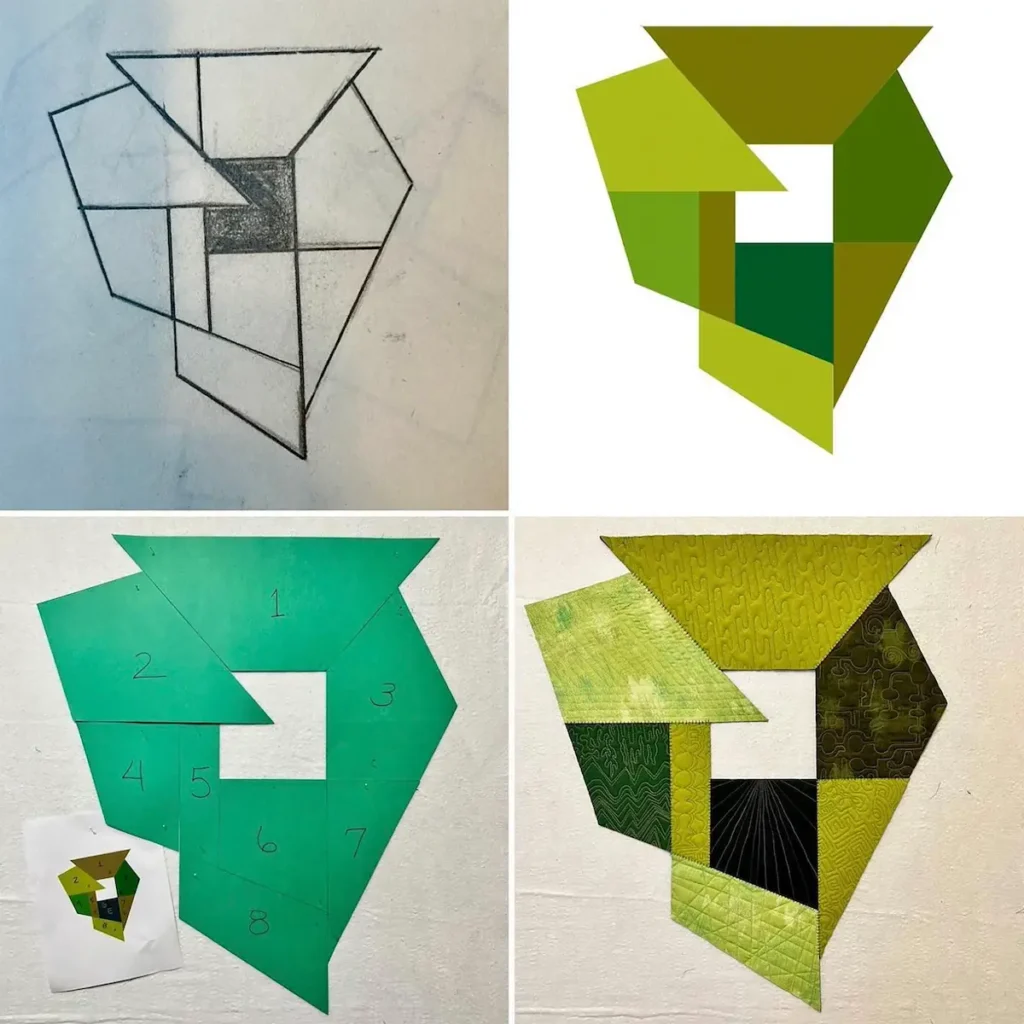 Four-part process for the Unfolding series: pencil sketch, digital (Illustrator) sketch, paper pattern, unadorned substrate designed by Lauri Jones