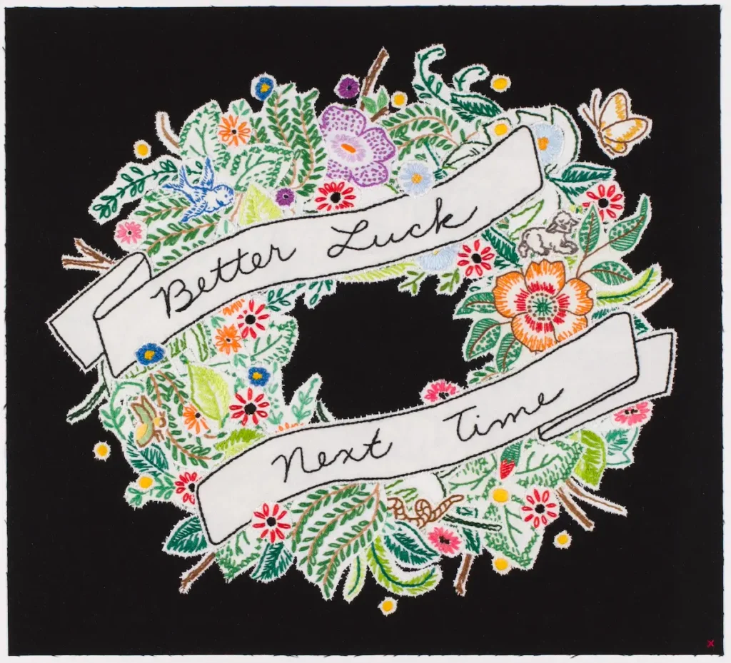 Memorial Wreath Reincarnation embroidery art by Maggy Rozycki Hiltner
