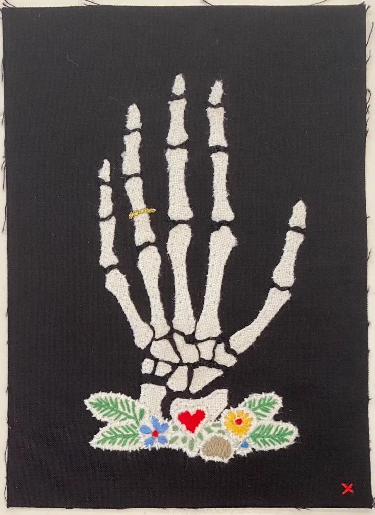 Skeleton Hand embroidery art by Maggy Rozycki Hiltner