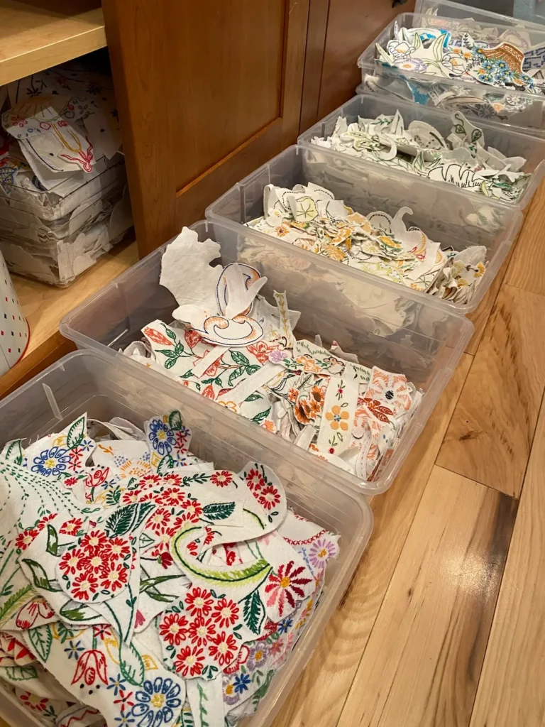 Maggy Rozycki Hiltner studio bins with embroidery