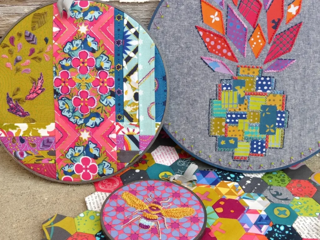 Alison Glass trio of hoop art and hexies by Nichole Vogelsinger