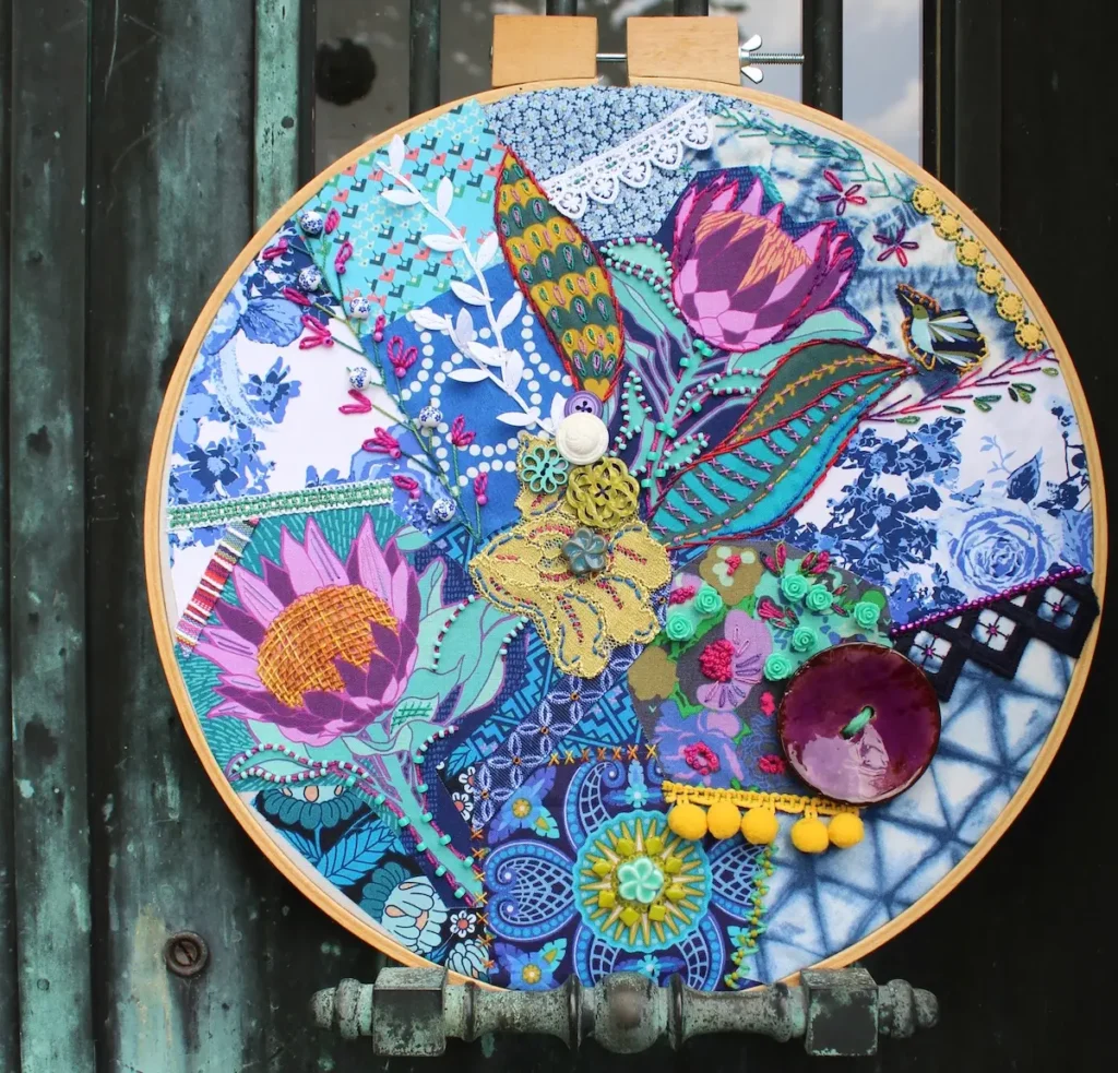 Boho crazy hoop embroidered and embellished fabric by Nichole Vogelsinger