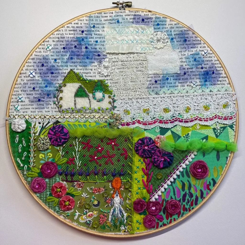 Bead and embroidered fabrics with lace embellishments by Nichole Vogelsinger