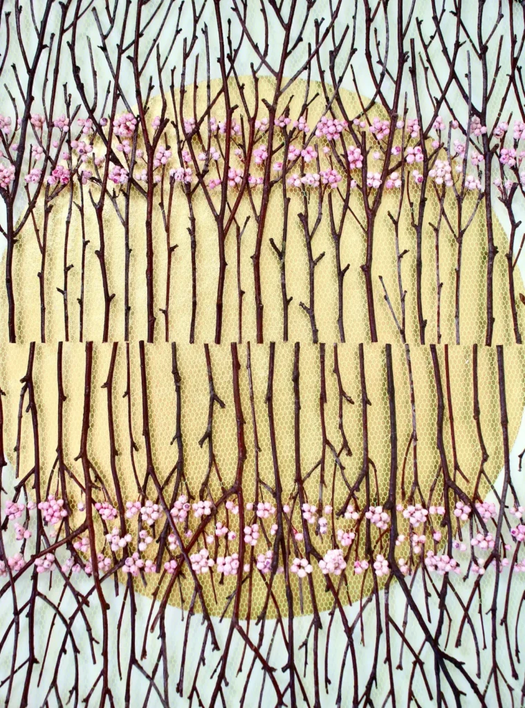 Multiple layers of tulle, twigs and flowers by Olga Prinku