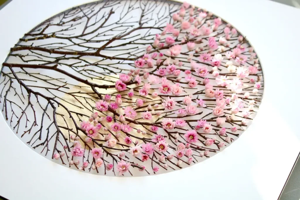 Details of the pink flowers in the round template by Olga Prinku