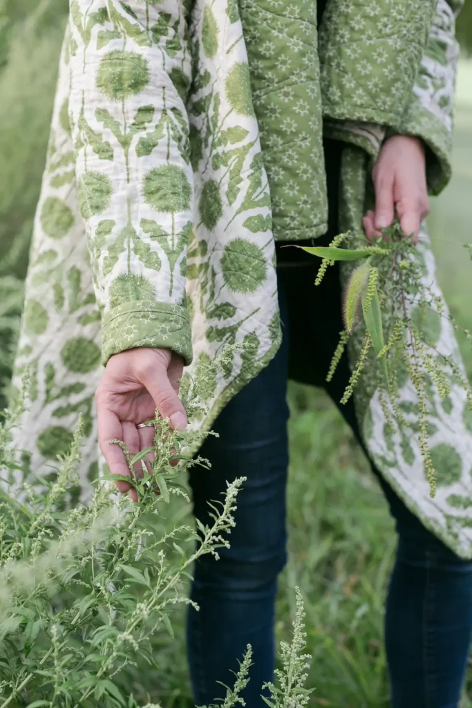 Detail of Cozy Cascade quilt coat by Rachel Rossi